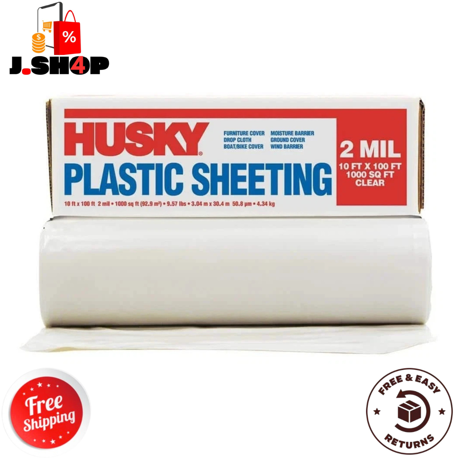 HUSKY Plastic Sheeting 10′ x 100′ Heavy Duty Recycled Polyethylene Clear 2 mil