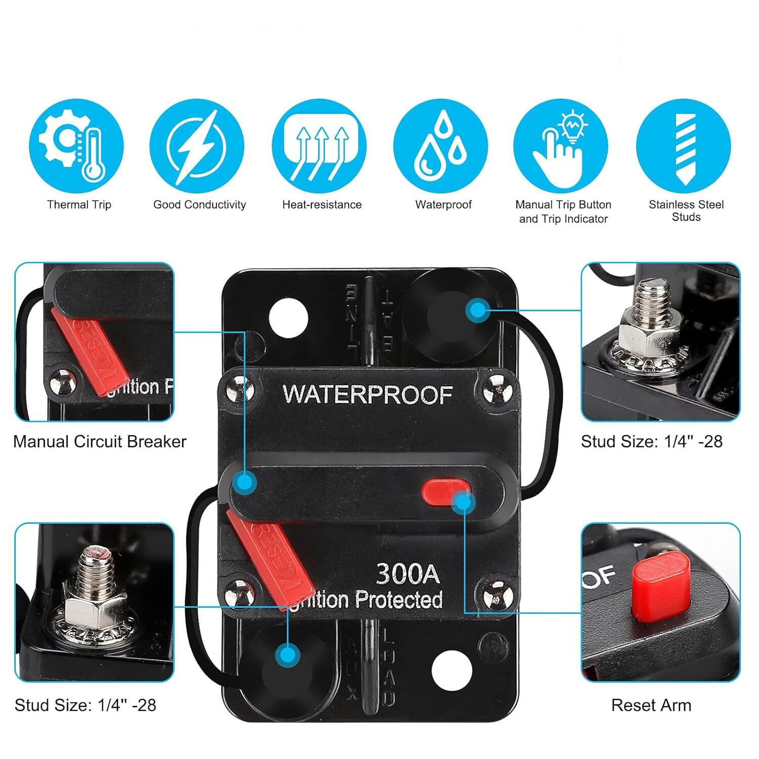 Waterproof Car Circuit Breaker Fuse Reset 30-300 Amp 12V-48V DC Car Boat Auto
