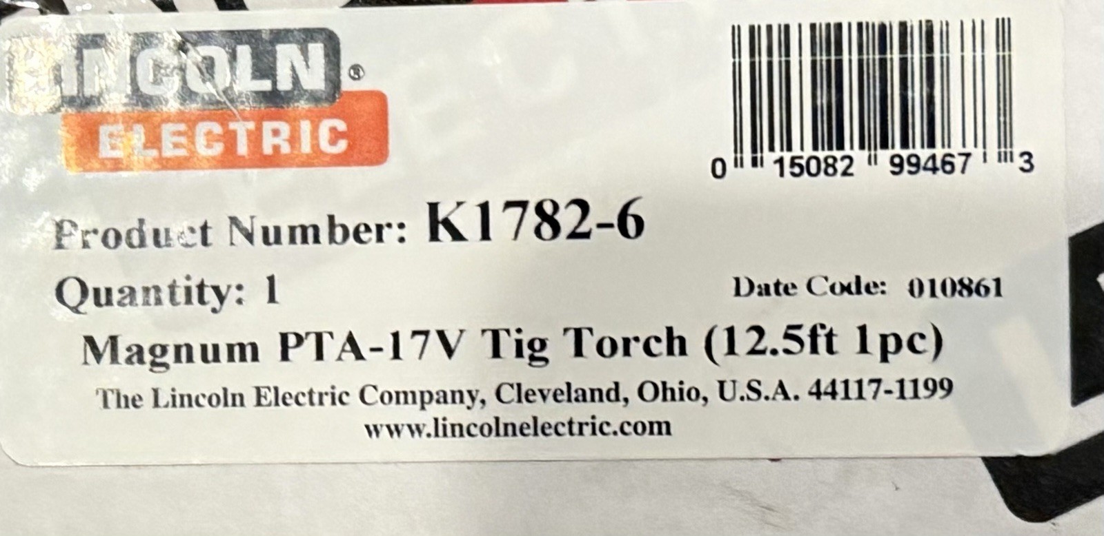 Lincoln Electric K1782-6 PTA-17V Pro-Torch TIG Torch 12.5ft 1pc