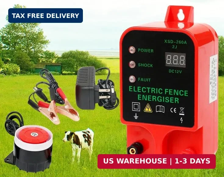 10KM 2J Portable Electric Fence Energizer, Waterproof Fence Charger for Livestoc