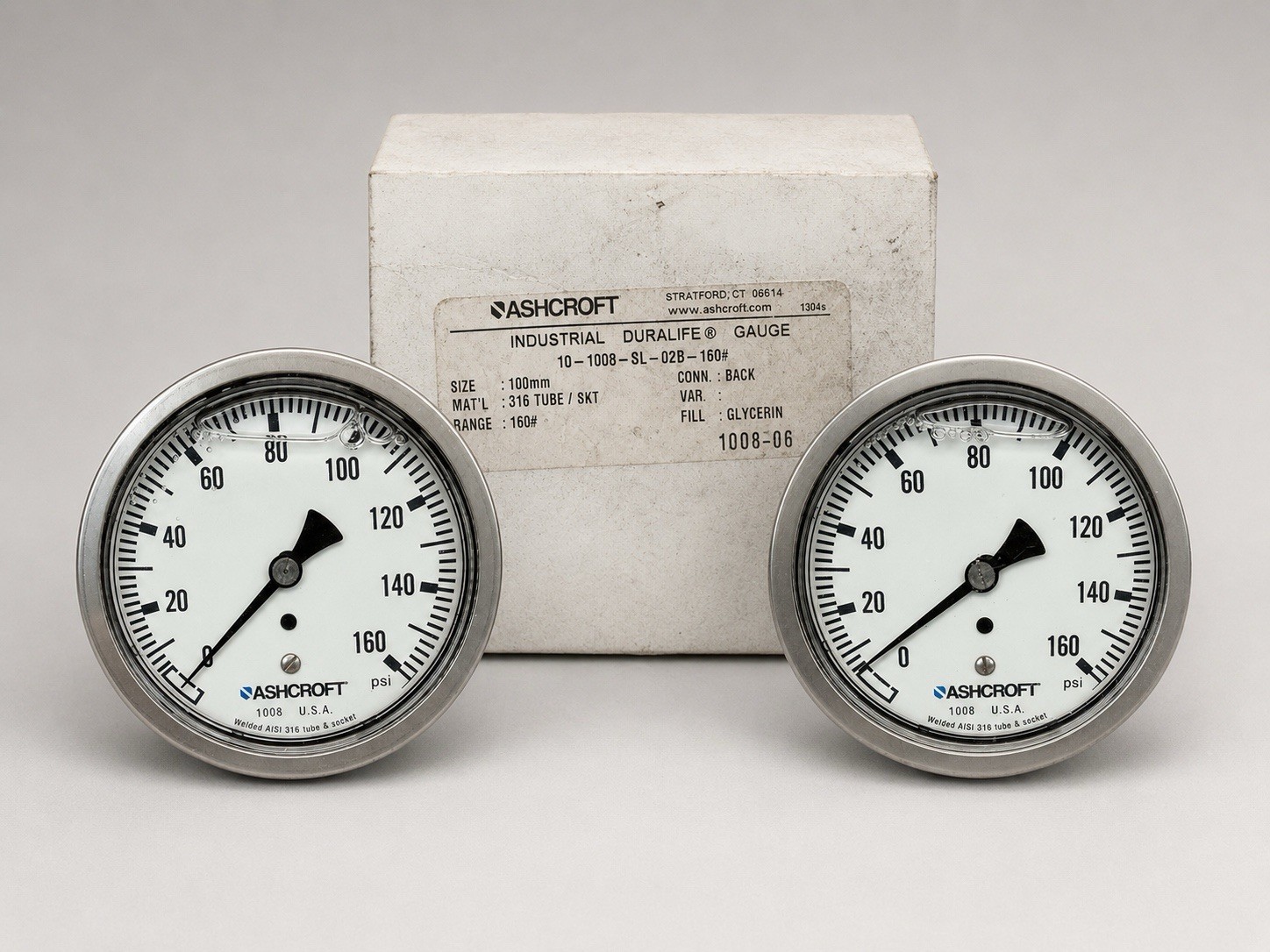 Ashcroft 1008 Pressure Gauge 0-160 PSI 100mm SS Glycerin Filled 1/4in Back Mount