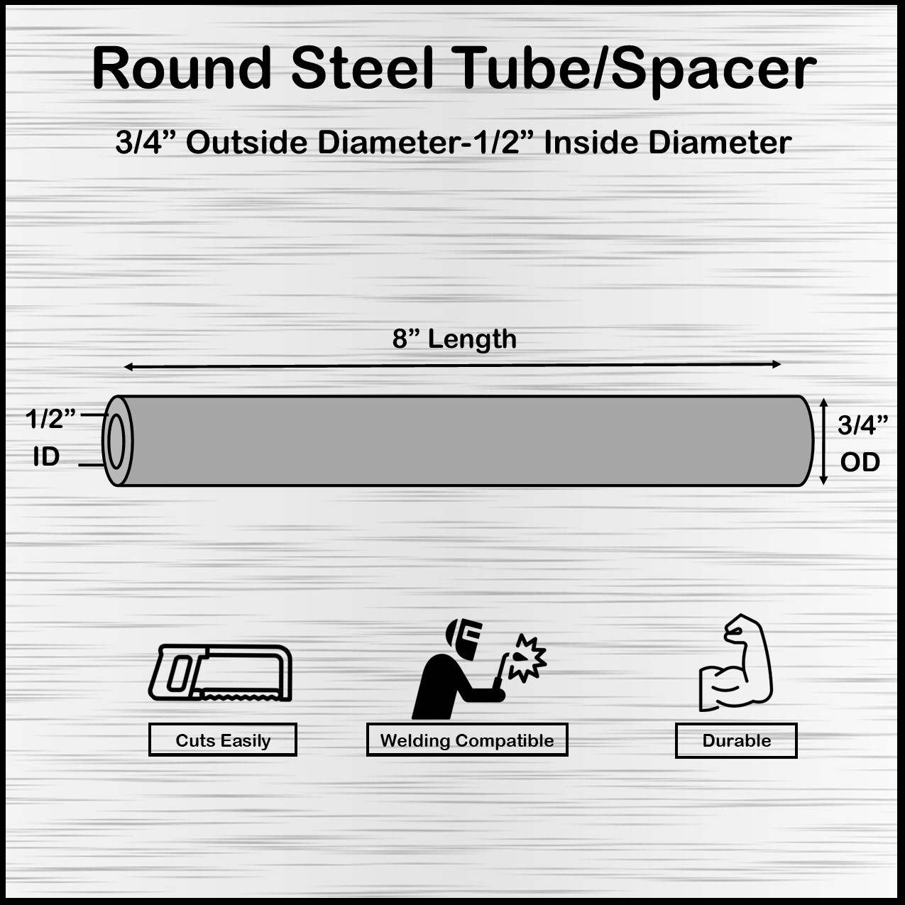 Mild Steel Spacer-Tubing- 3/4″ OD x 1/2″ ID x 8″ Long–Fits M12 or 1/2″ Bolts