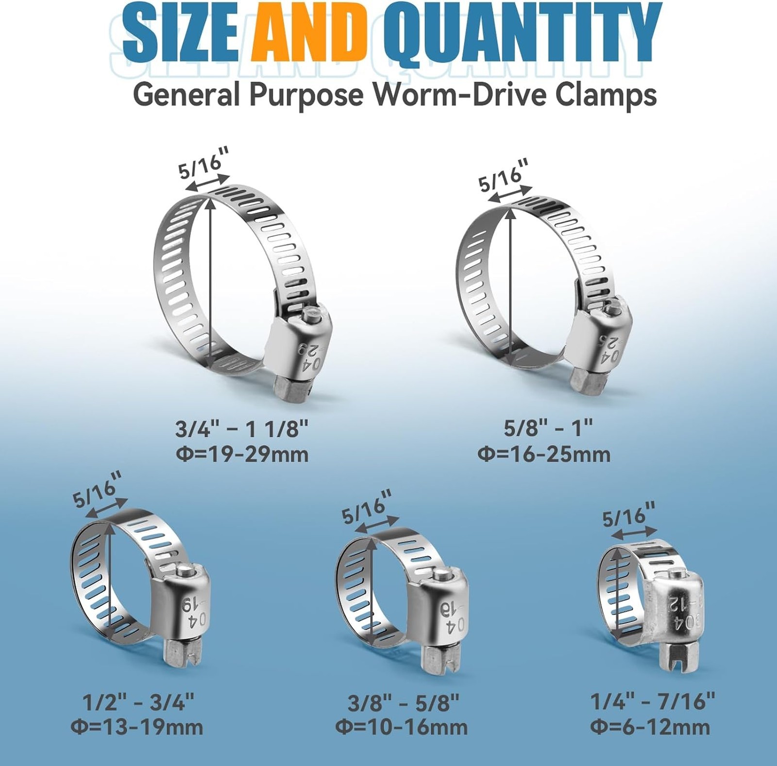 Hose Clamp Set, Stainless Steel, 15 Pieces, Adjustable 1/4 to 7/16 Inches