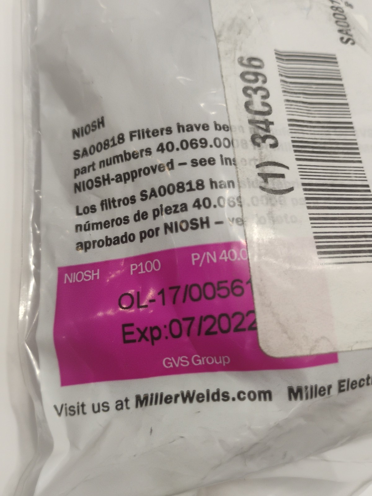 Miller SA00818 2-Pack Replacement Cartridges P100 Filters Respirator Exp. 7/2022