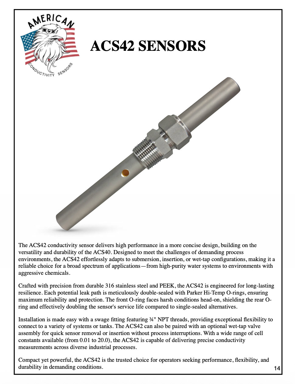 ACS42 K=20.0 Conductivity Sensor 3-2823-1 Equivalent – 3/4” NPT High EC & TDS