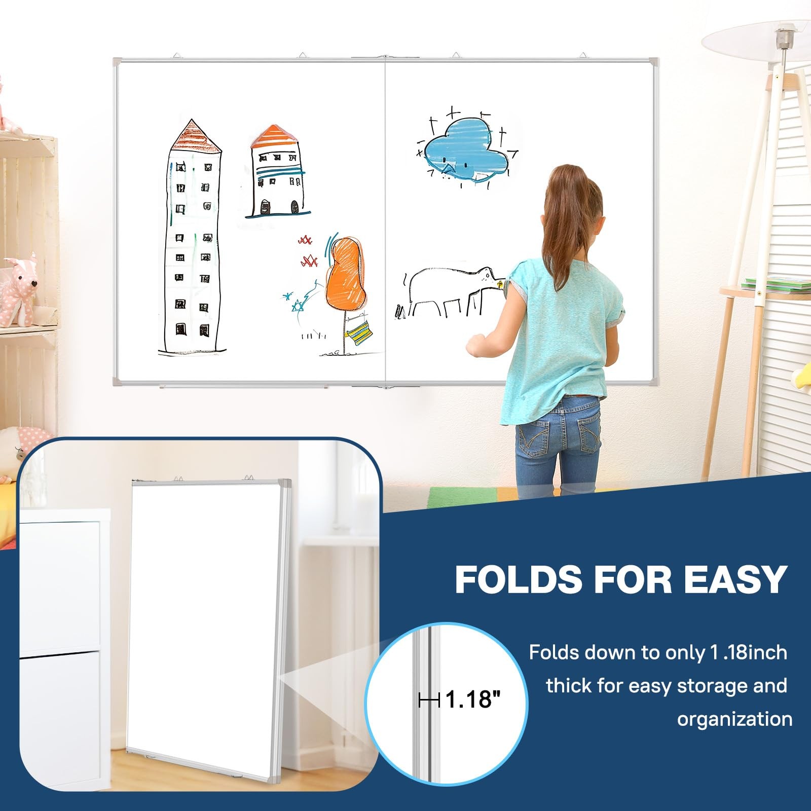Double-Sided White Board Dry Erase Magnetic Whiteboard Wall 72×40 Foldable