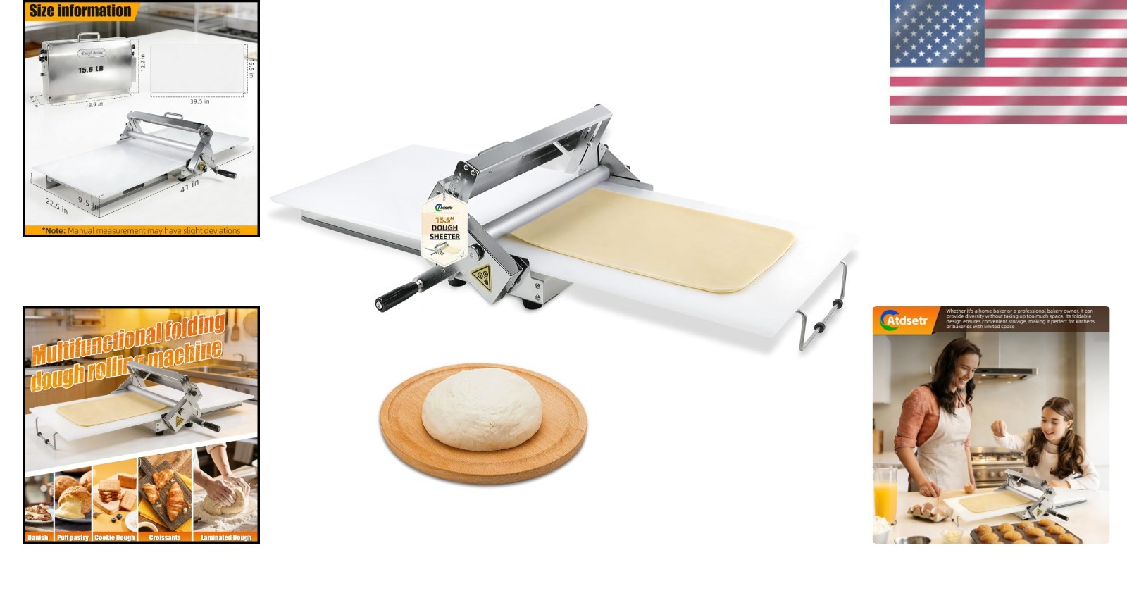 Durable Folding Dough Sheeter 15.5in – Stainless Steel for Home and Catering Use