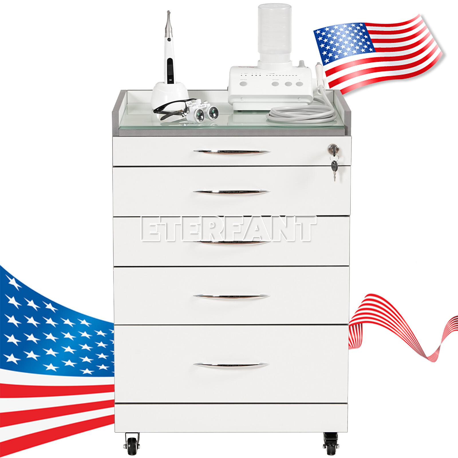 Dental Cabinet Rolling Medical Trolley Mobile Wooden Cart With Socket 4 Drawers