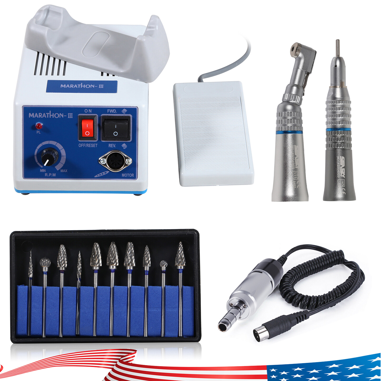 Dental Micro motor Marathon Polisher Machine &10x Drills Burs &35K RPM Handpiece