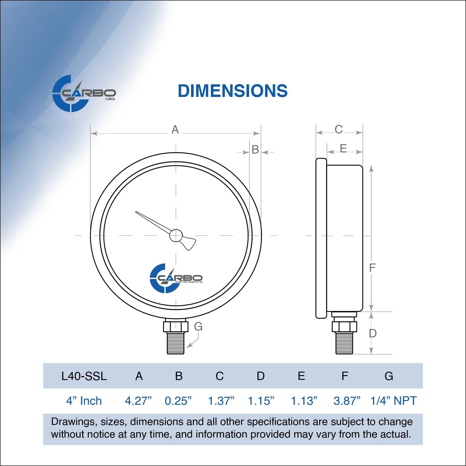 CARBO Instruments 100 PSI Glycerin Liquid Filled Pressure Gauge, 4″ Dial, 1/4…