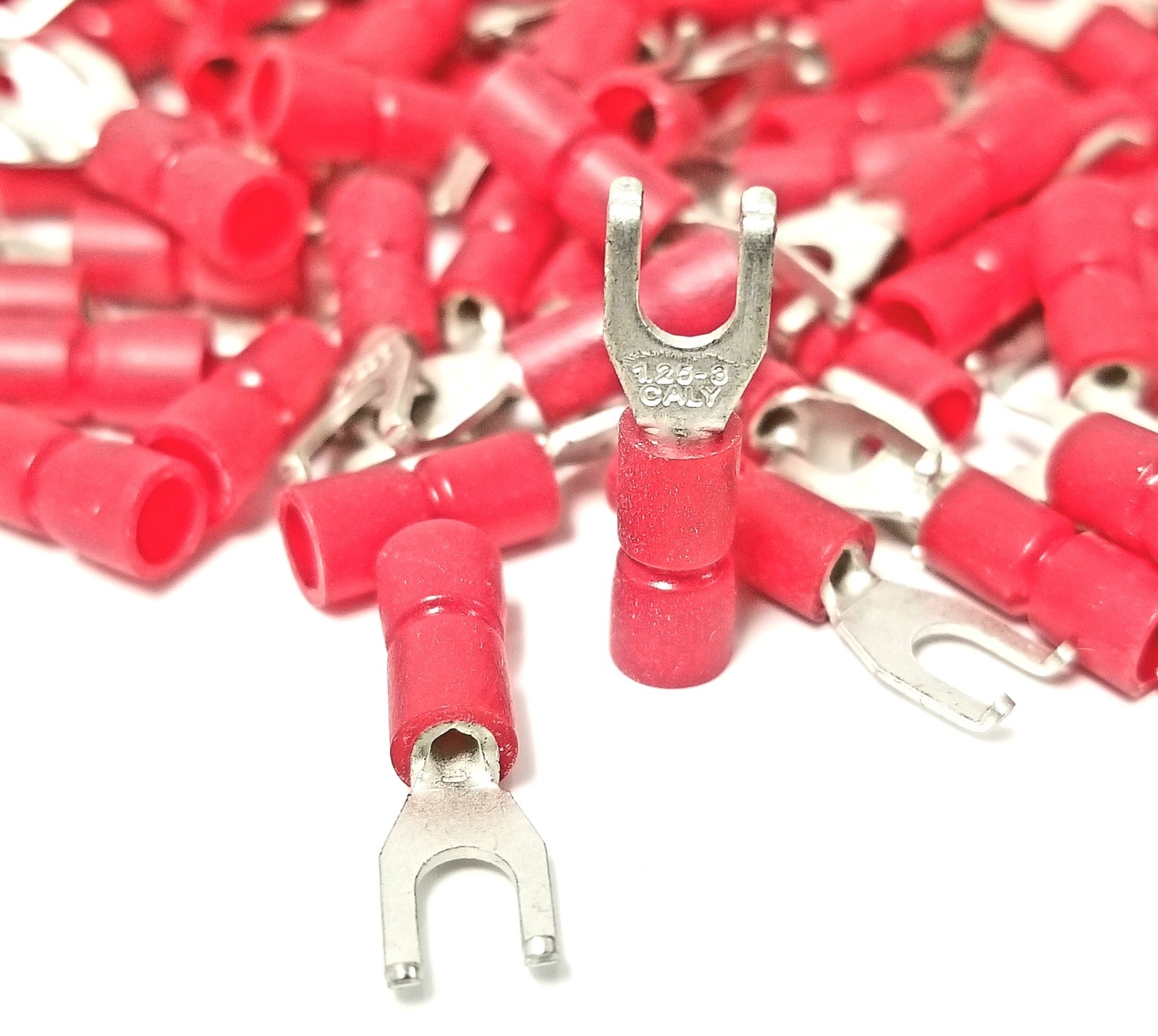 100PK FLANGED FORK Terminal, 22-18 Red Vinyl Insulated #6 Hook