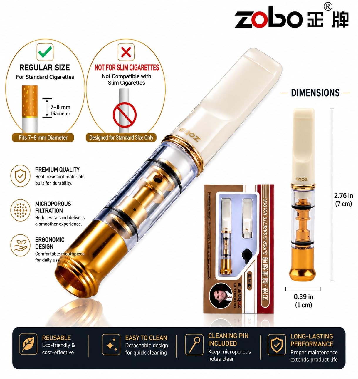 ZOBO Regular Size Cigarette Filter Holder Fear and Loathing Hunter S Gold