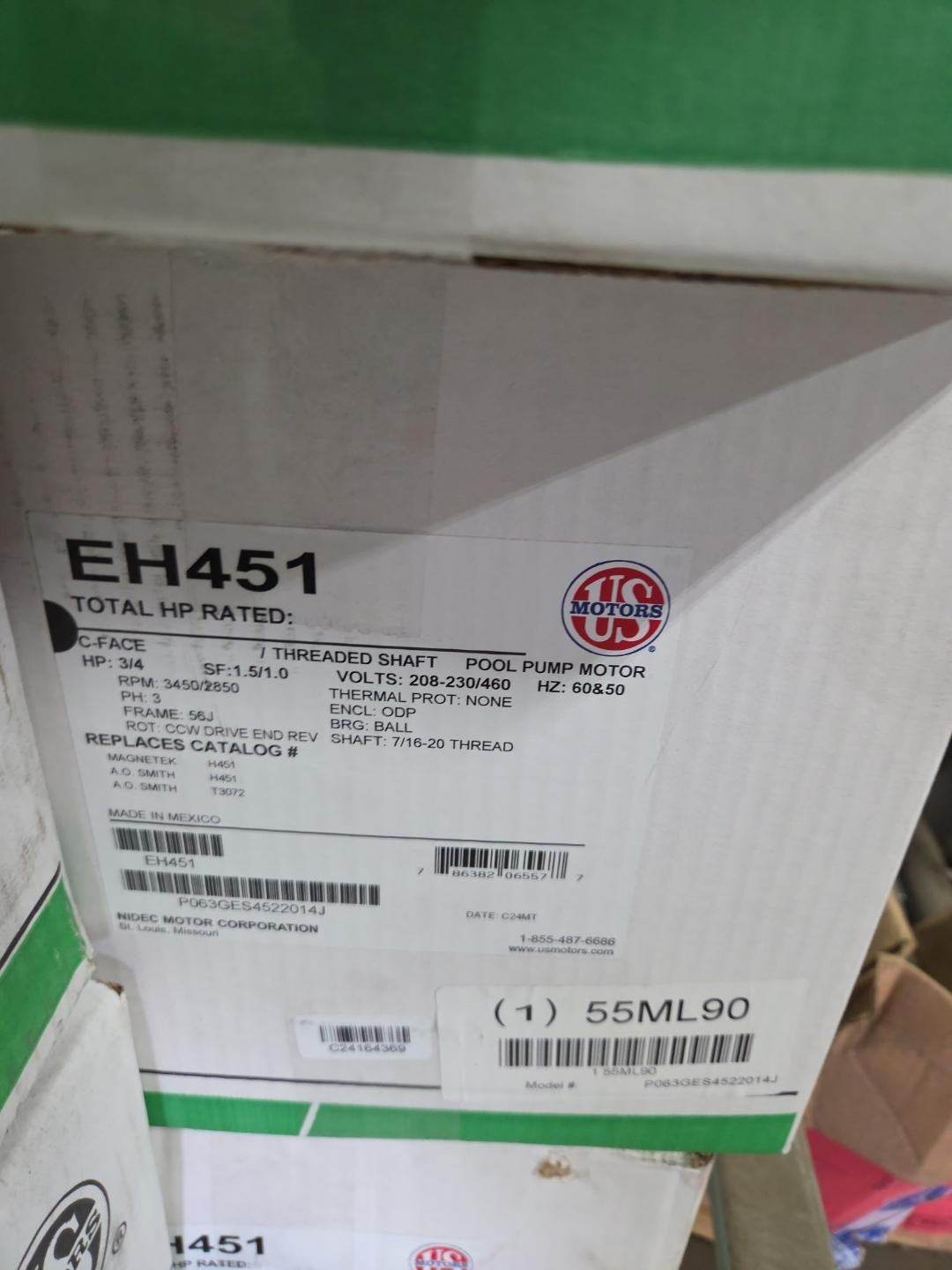 US MOTORS #EH451 #55ML90 C-FACE 7 THREADED SHAFT POOL PUMP MOTOR BOX BRAND NEW