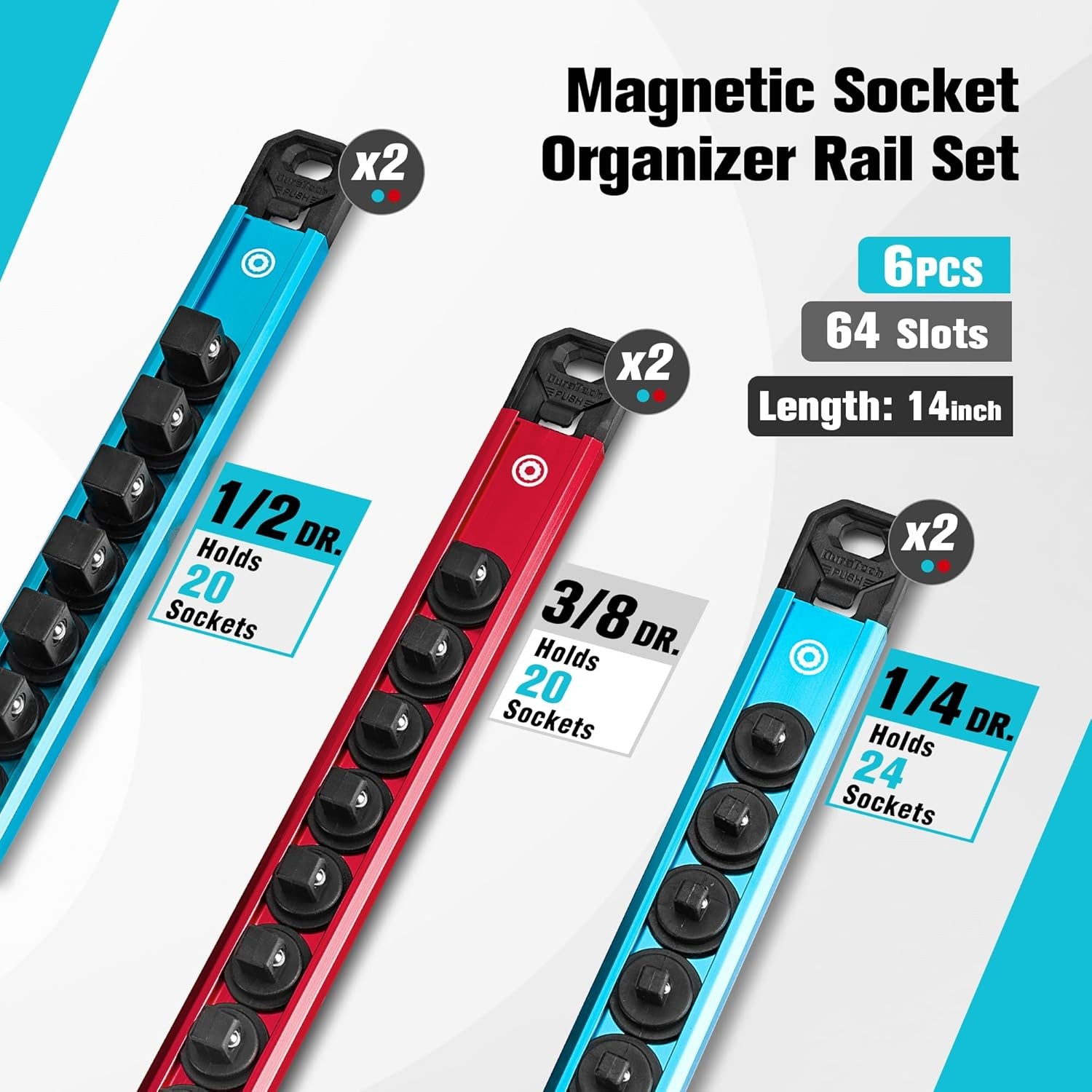 DURATECH 6PCS Magnetic Socket Organizers Set 1/4″ 3/8″ 1/2″ Aluminum Rail Holder