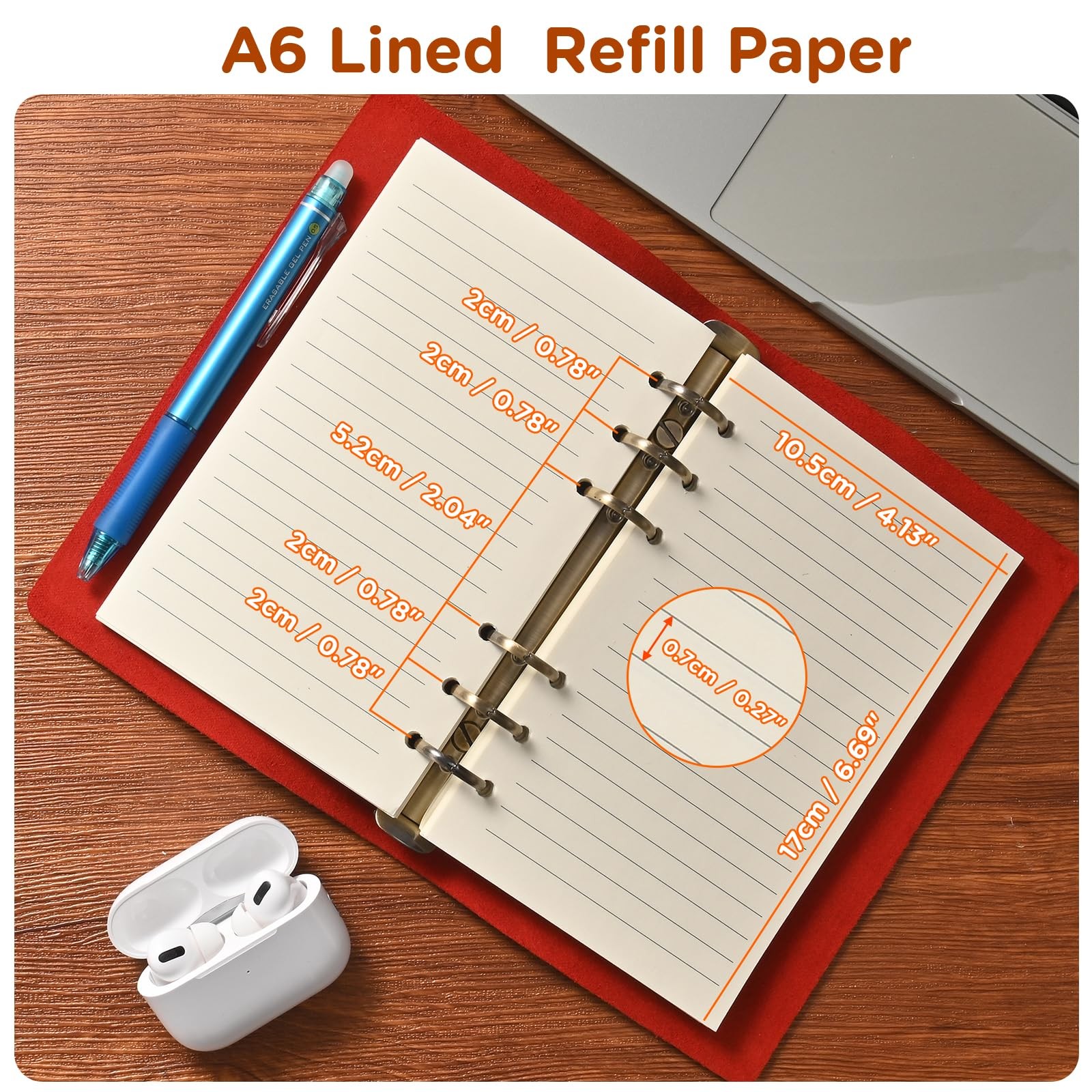A6 6-Hole Lined Refill Paper(Pre-Punched) – 100gsm Thick Beige Paper, Fountai…
