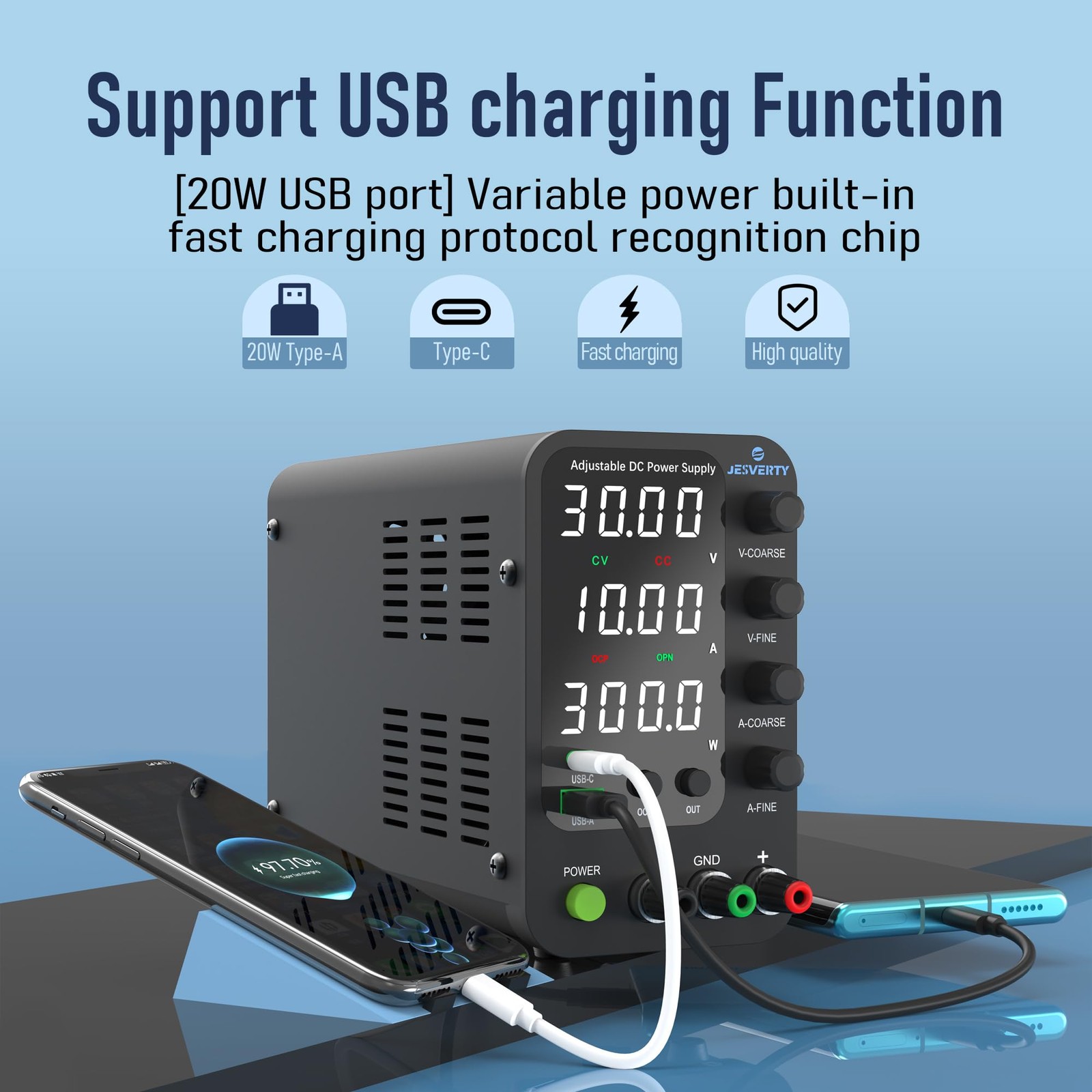 Jesverty DC Power Supply Variable, 0-32V 0-10A Switching Bench Power Supply w…
