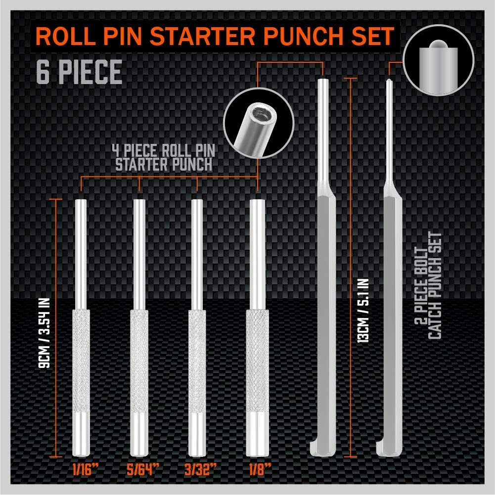 6PC Roll Pin Starter & Bolt Catch Install Punch Set 1/16″ 5/64″ 3/32″ 1/8″ 5/32″