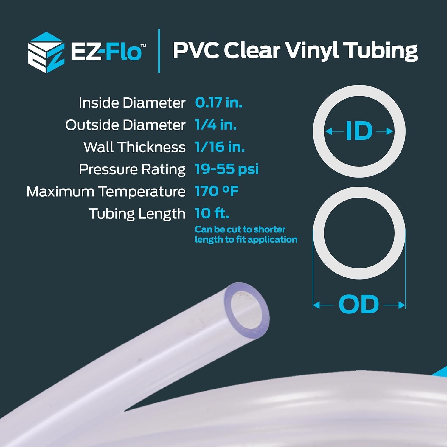 Flexible 10ft Clear PVC Tubing, 0.17 ID x 1/4 OD for Water & Chemical Transfer