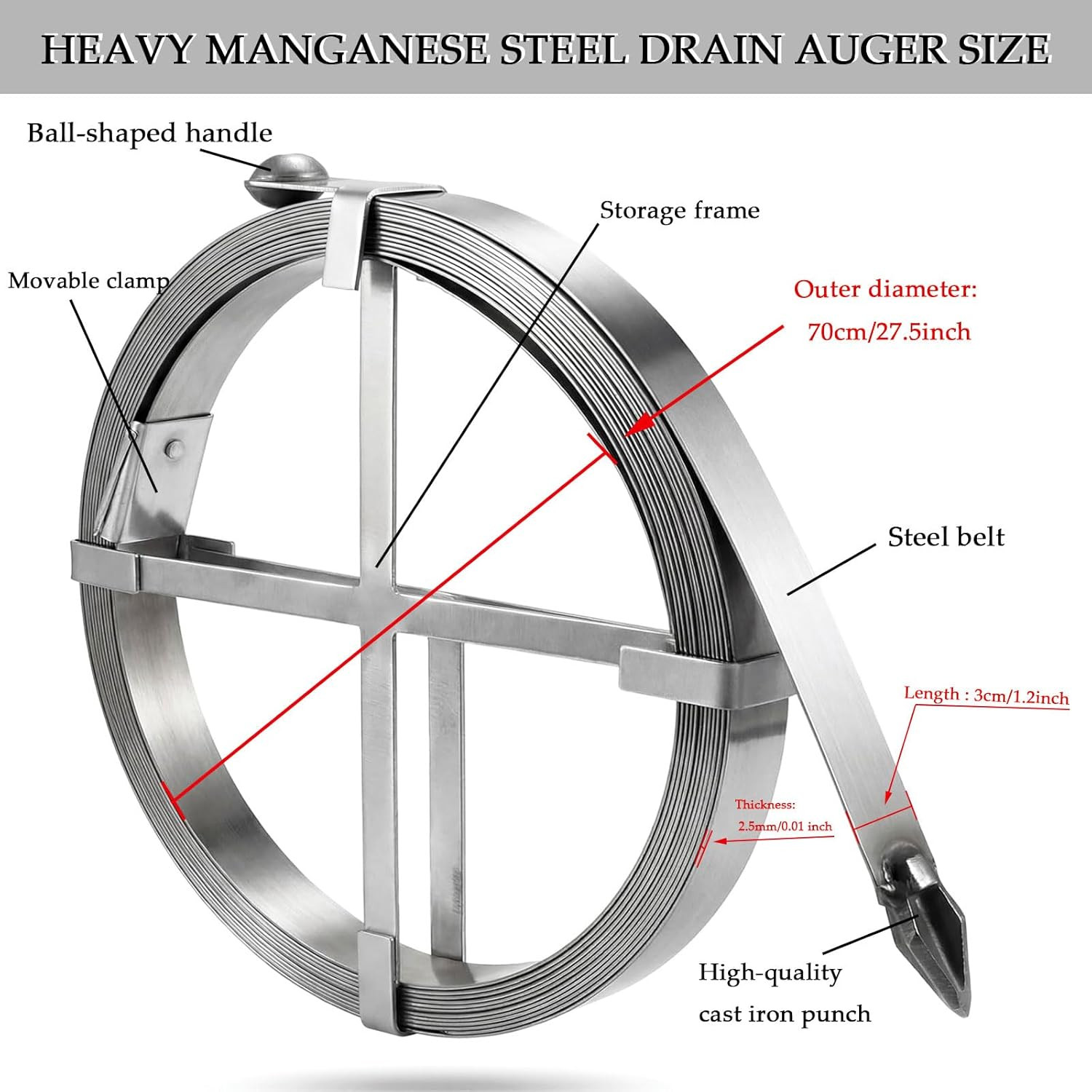 Heavy Duty Manual Drain Snake, 49.2Ft/15M Manganese Steel Drain Auger, 1.18Inch