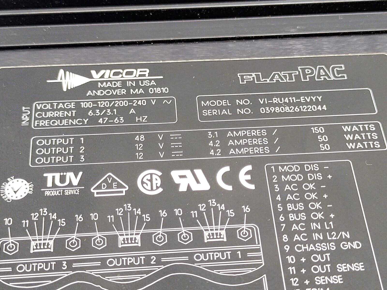 Vicor VI-RU411-EVYY FlatPAC DC Power Supply 120/240VAC, 12VDC 48VDC 50W 150W
