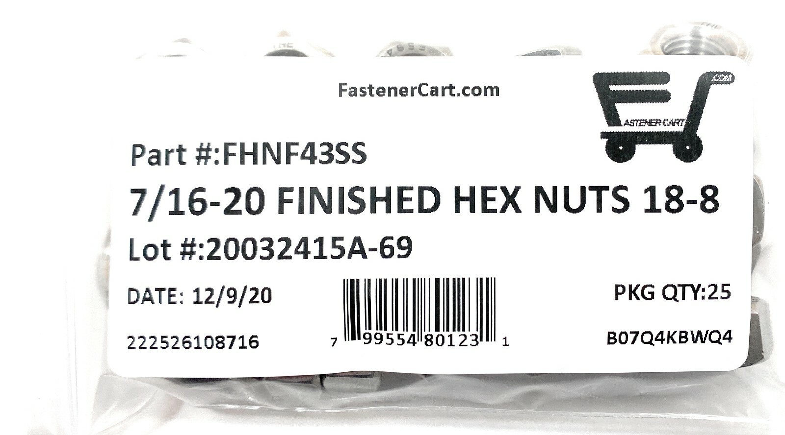 (25) 7/16-20 Finished Hex Nuts Stainless Steel (25 Pieces)