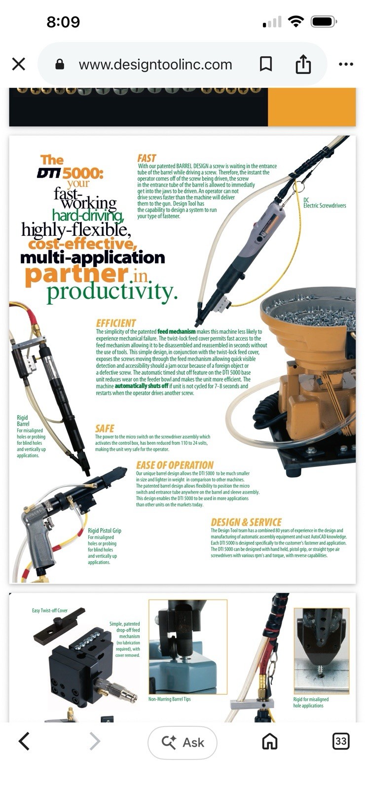DTI 5000 Automatic Feed Screwdriver. Industrial Automatic Blow Feed Screw Gun.
