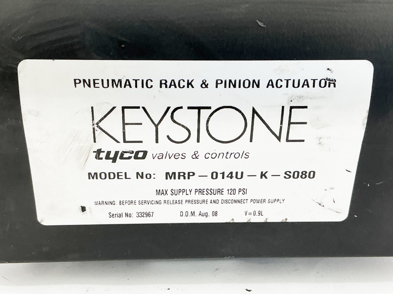 New Tyco Keystone MRP-014U-K-S080 Pneumatic Rack & Pinion Actuator 120PSI