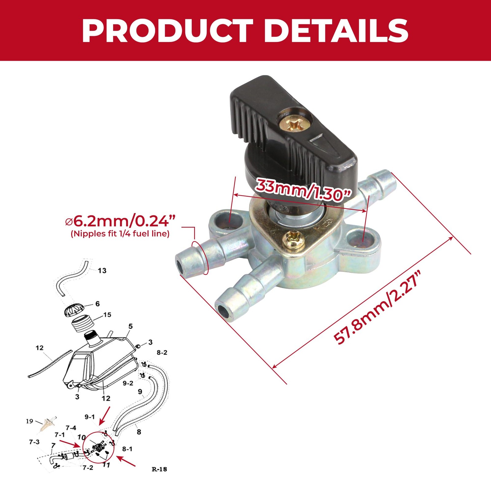 3 Way Fuel Valve Gas Petcock Tank Shut Off Switch 6.2mm (0.24 inch)