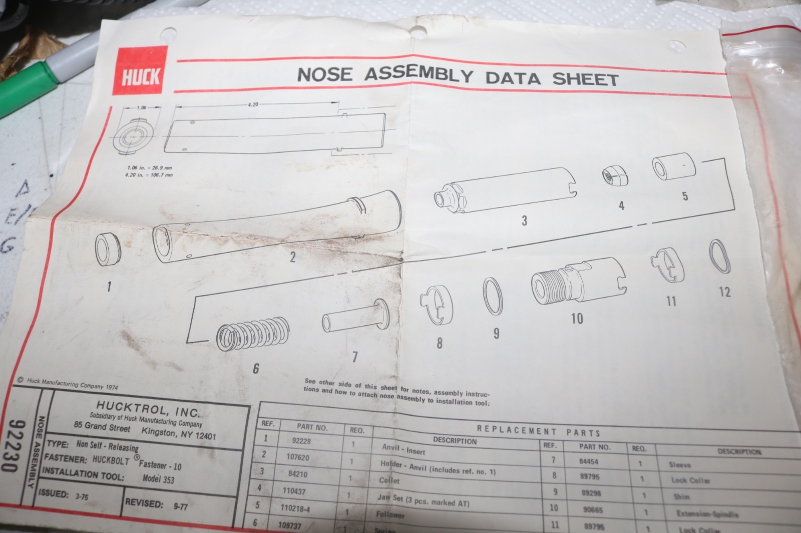 NOS Genuine Huck rivet gun Nose # 92230 Huckbolt -10 for Model 353