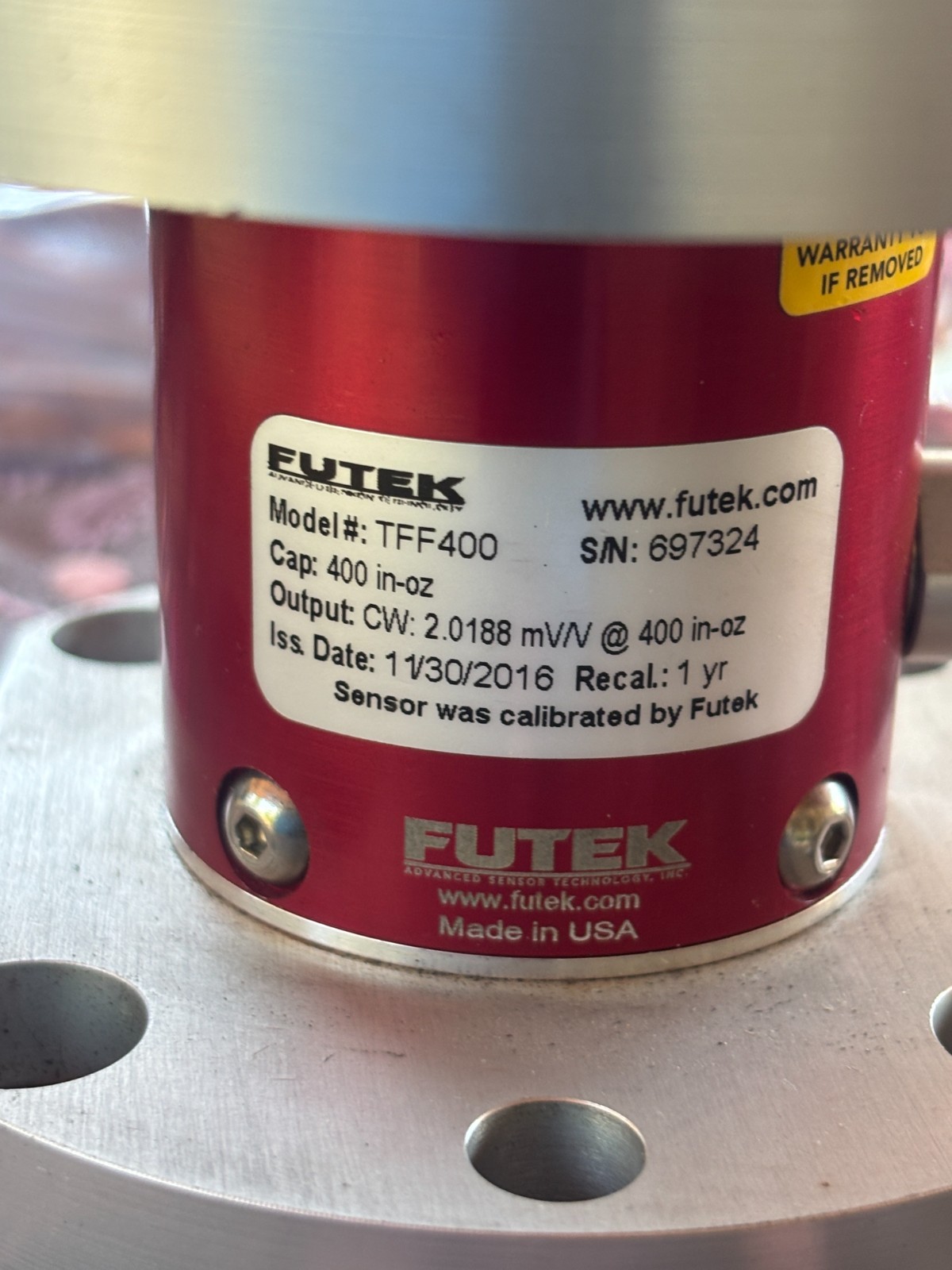Futek TFF400 Through Hole Reaction Torque Sensor Cap:100 in-lb