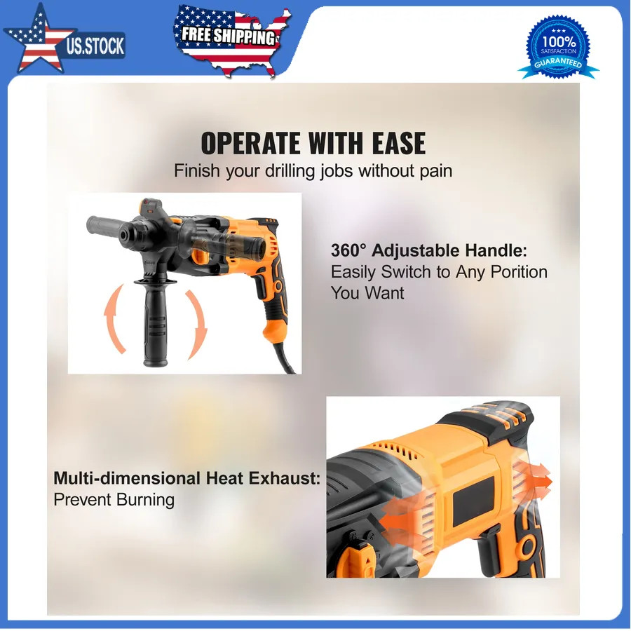 1 Inch SDS Plus Rotary Hammer Drill 8 Amp Corded Concrete Masonry Power Tool