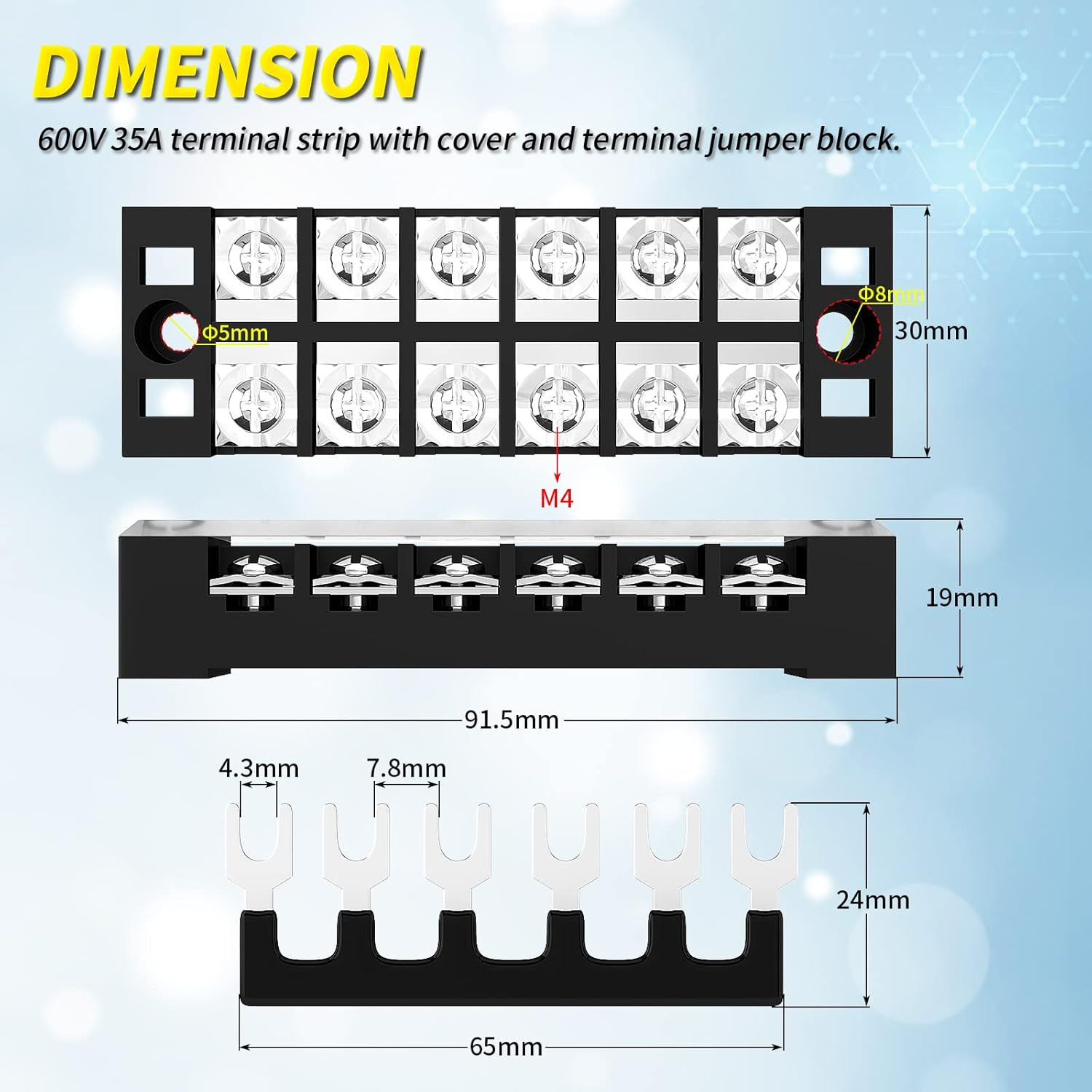 35A Terminal Block 6 Position Screw Terminal Strip Dual Row with Cover & 6 Posit