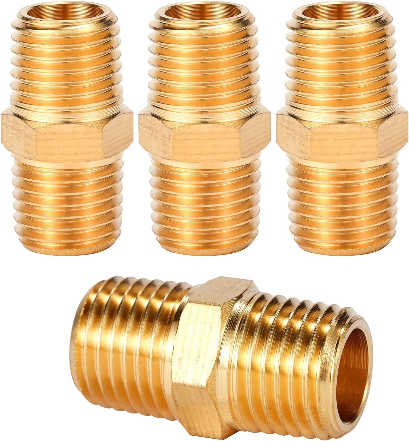 4 pcs Solid Brass Pipe Fitting, Hex Nipple, 1/4″ x 1/4″ NPT Male Pipe Adapter