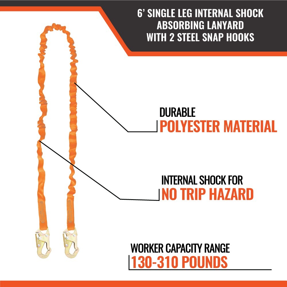 NEW-6’ Single Leg Internal Shock Absorbing Lanyard 2 Steel Snap Hooks 2.3 lbs.