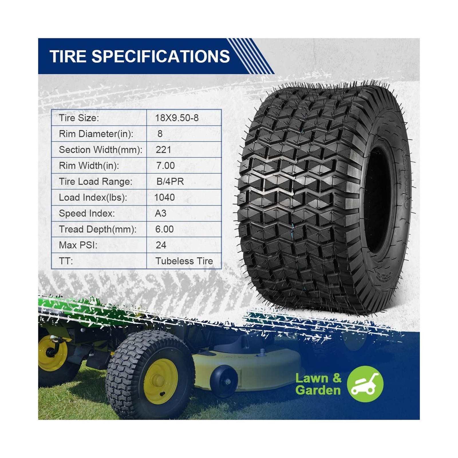 MaxAuto FOX V1 18×9.50-8 Lawn Mower Tires, Patent Design Fox V1 Garden Mower …