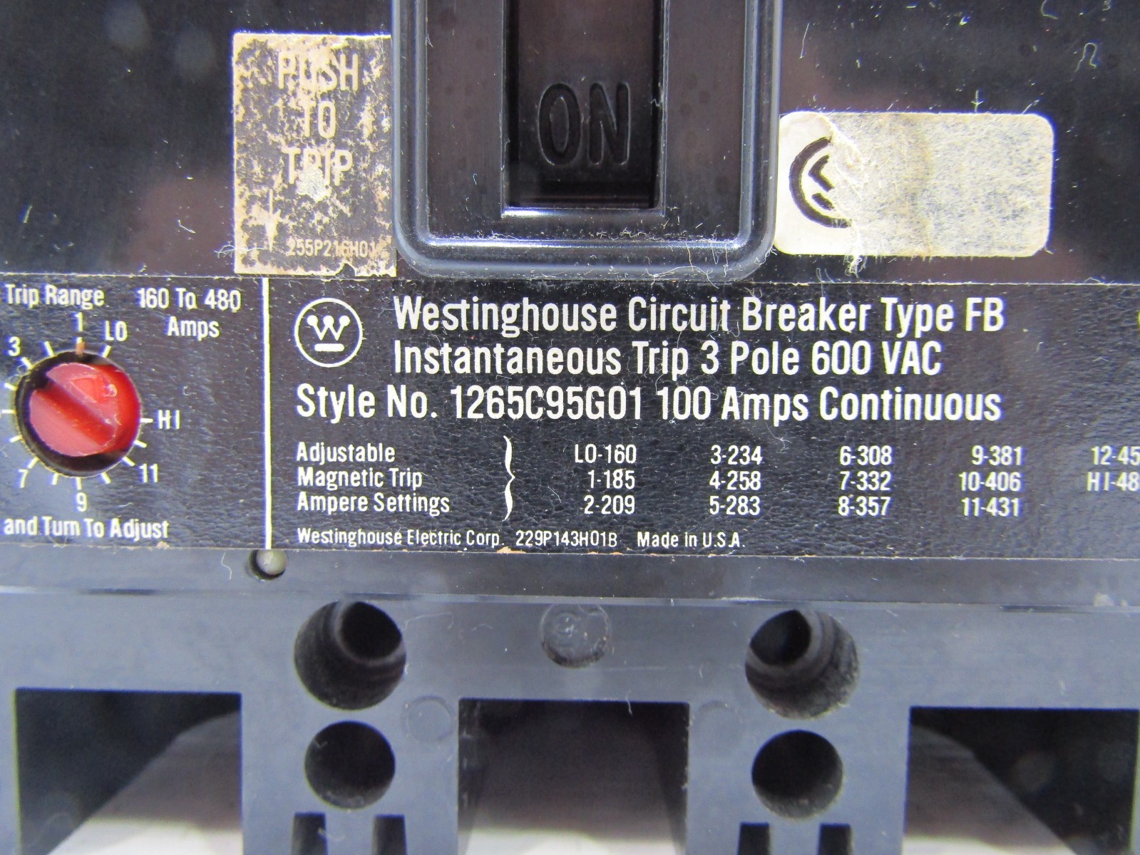Westinghouse 1265C95G01 100 Amp 600V 3-Pole Type FB Circuit Breaker 100A 3P