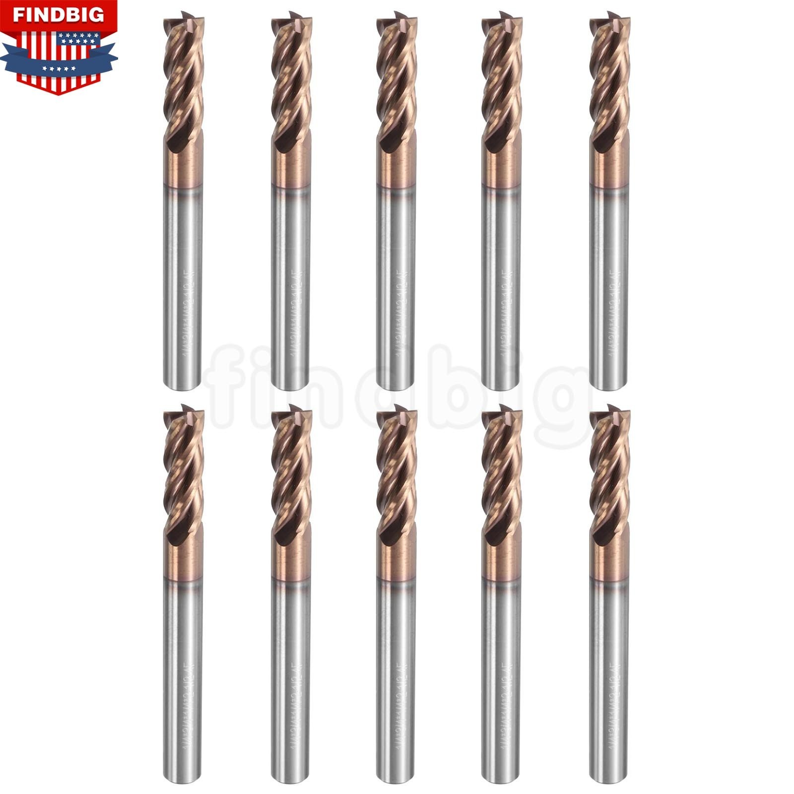 10Pcs 1/4″ 4 Flute Solid Carbide 3/4″ LOC x 2-1/2″ OAL End Mills – TiSiN Coated