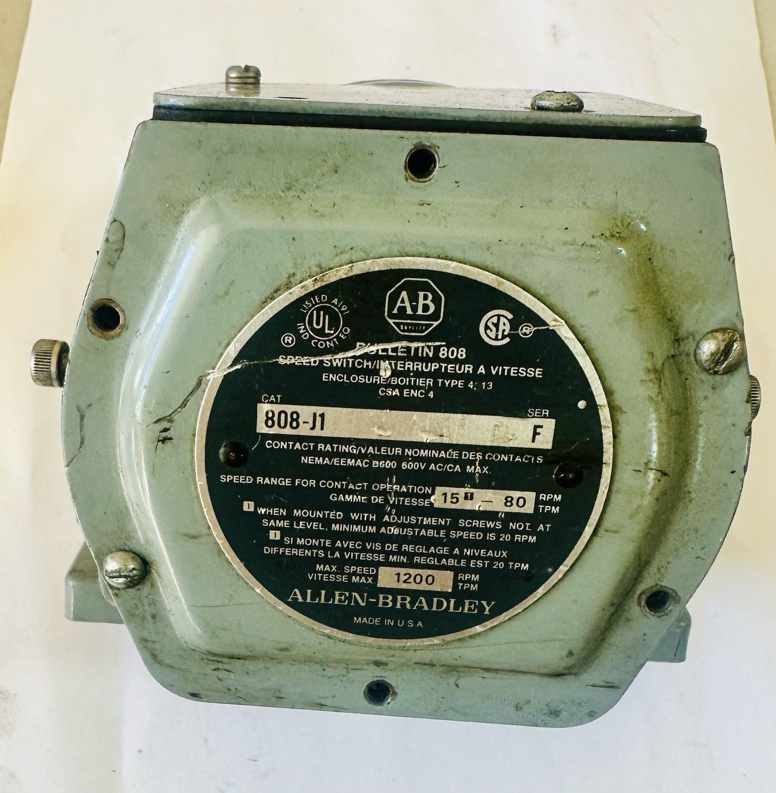 Allen-Bradley 808-J1 Ser F Electromechanical Speed Switch
