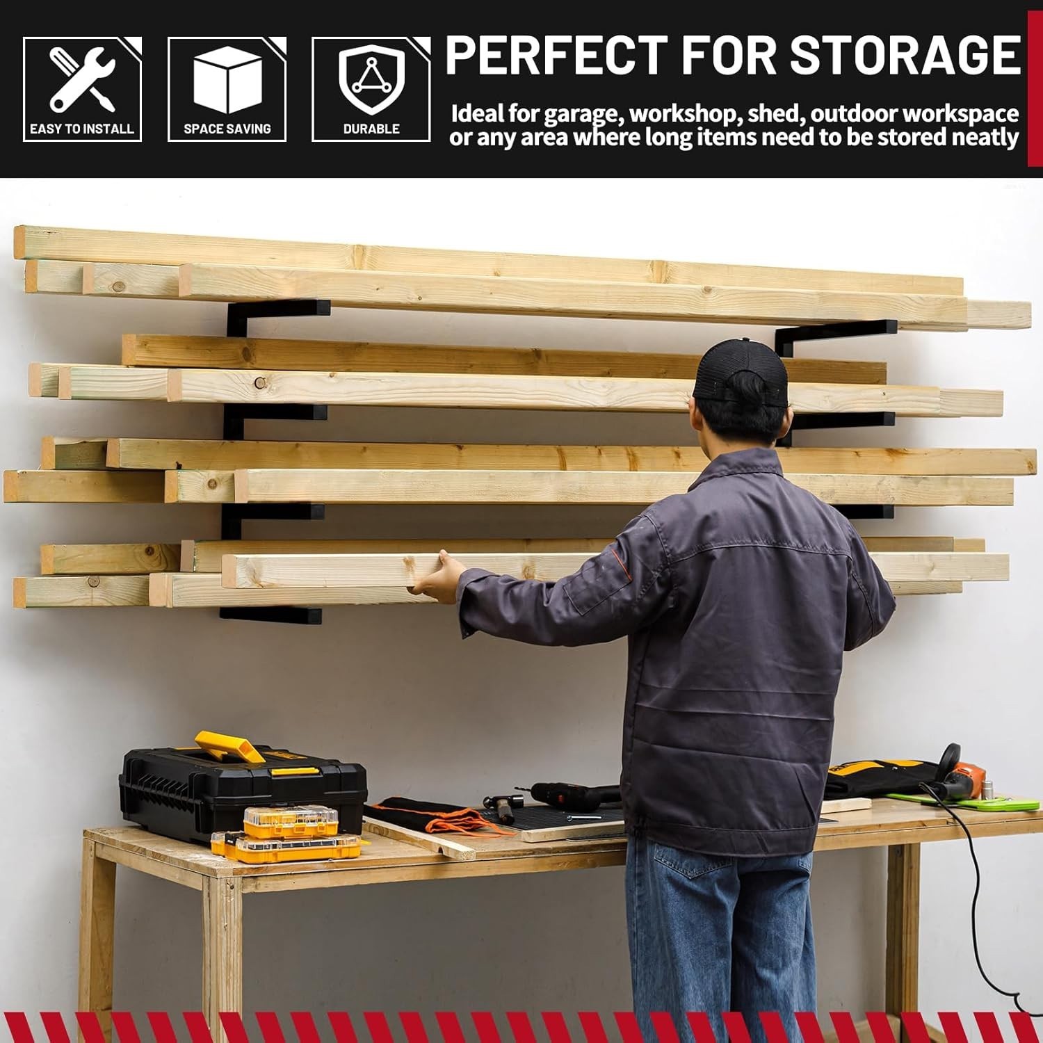 2 Pack Lumber Storage Rack 4 Level Wall Mounted Heavy Duty Wood Rack Organizer