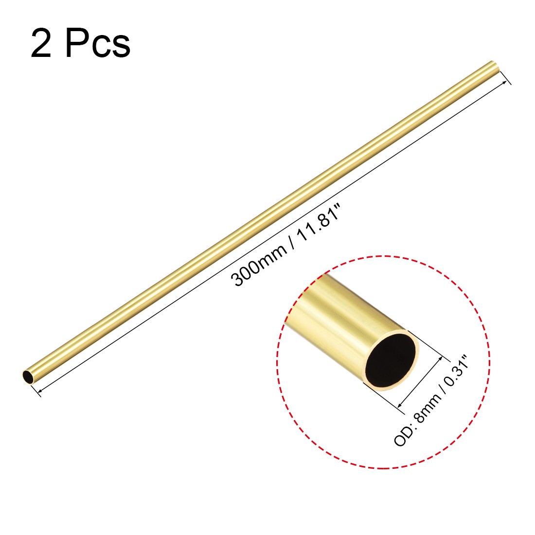 300mm Length 8mm OD 0.5mm Thick Brass Round Tube Seamless Straight Pipe 2Pcs