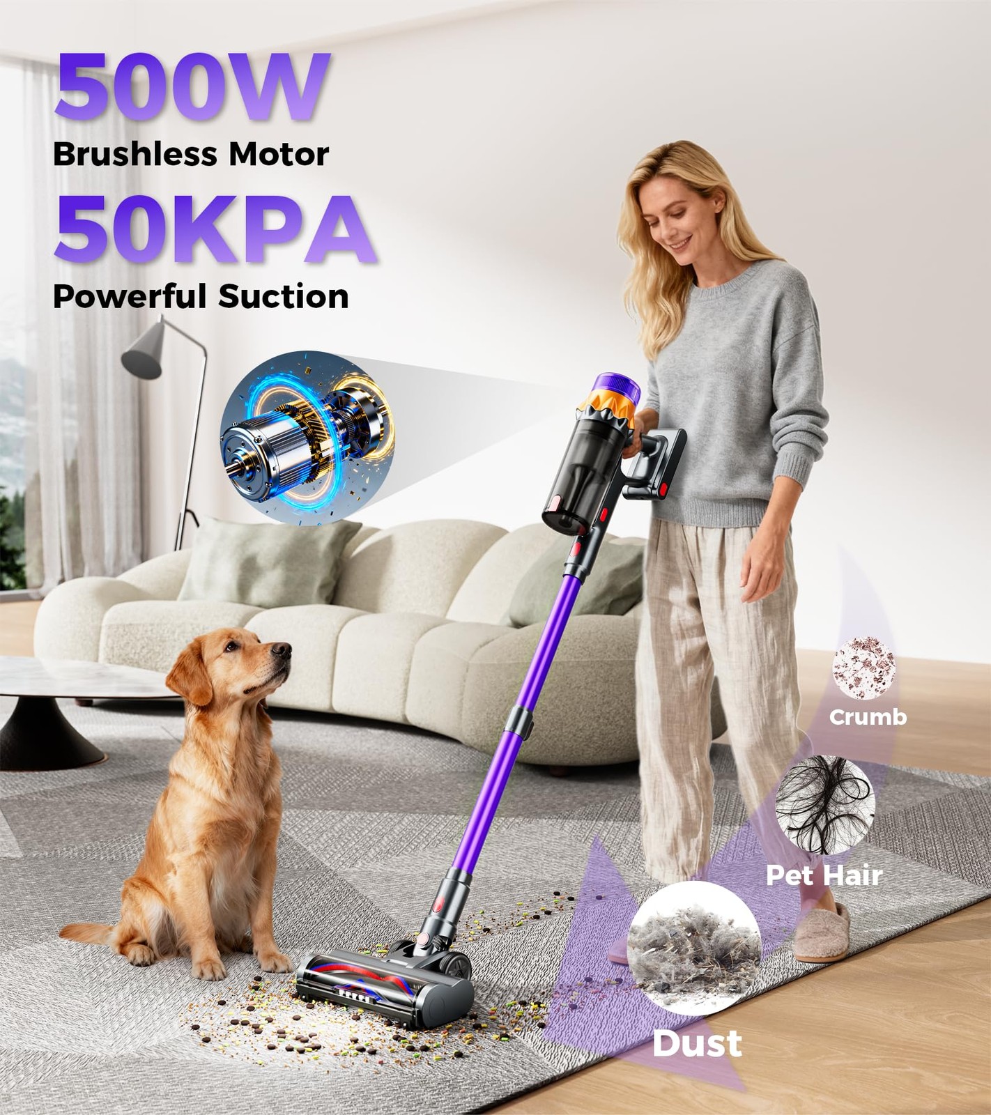 Rendow Cordless Vacuum Cleaner 500W 50Kpa 60Mins Vacuum Cleaners For Home