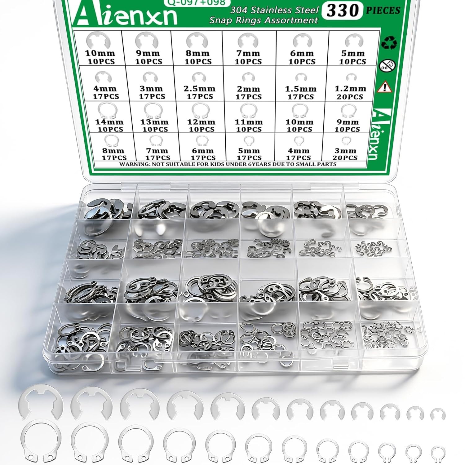 330PCS 24-Sizes Round Wire E-Clips & C-Clips Internal Snap Rings Assortment K…