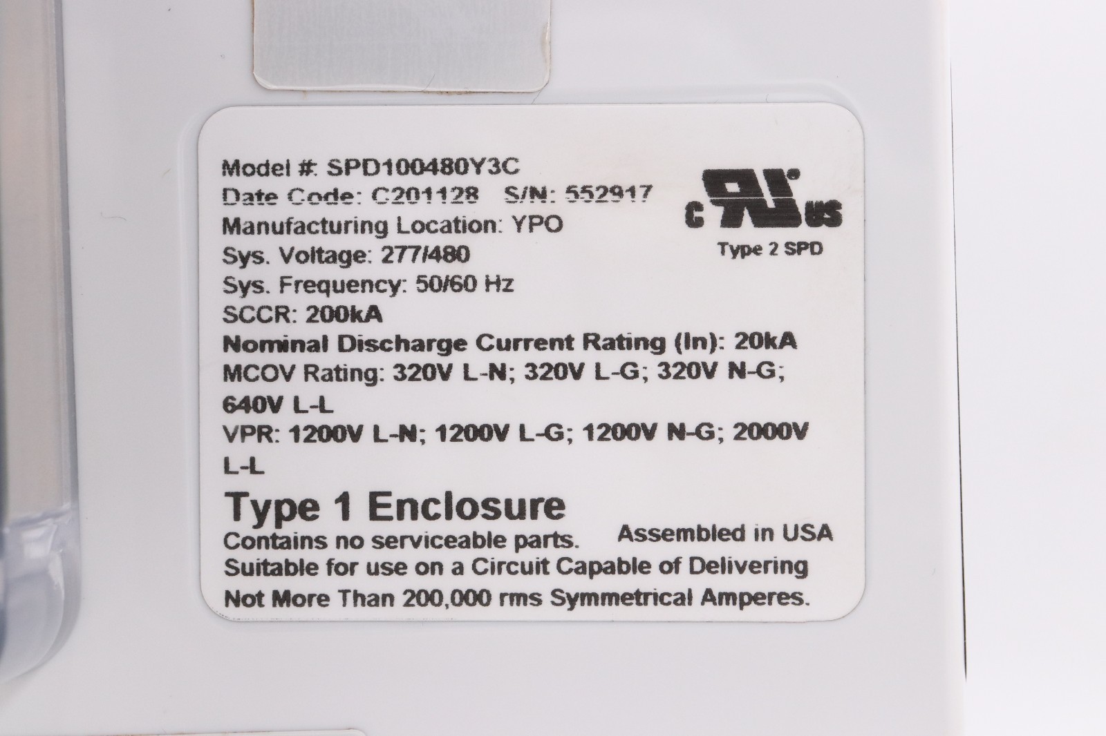 EATON SPD100480Y3C 100KA SPD/SURGE PROTECTIVE DEVICE, 480/277V 3-PHASE
