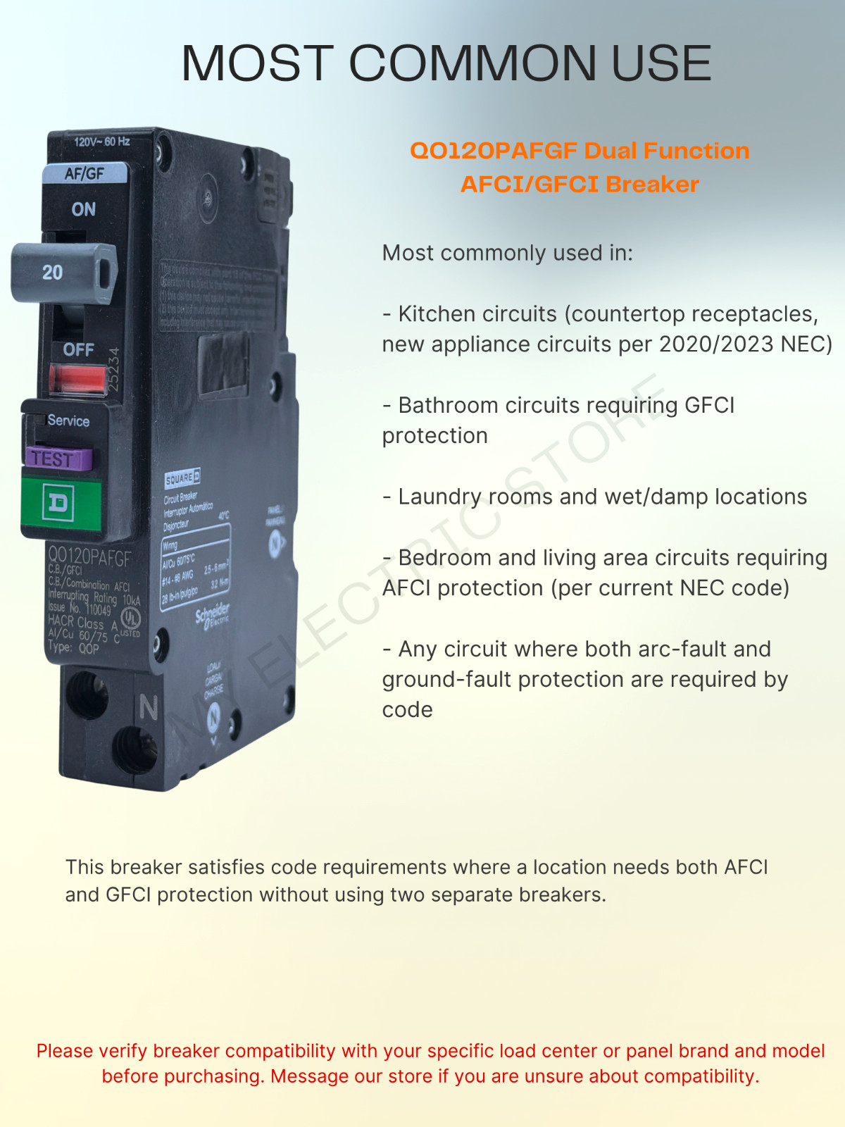 8 PCS QO120PAFGF SQUARE D QO 1P 20A AF/GF DUAL-FUNCTION CIRCUIT BREAKER