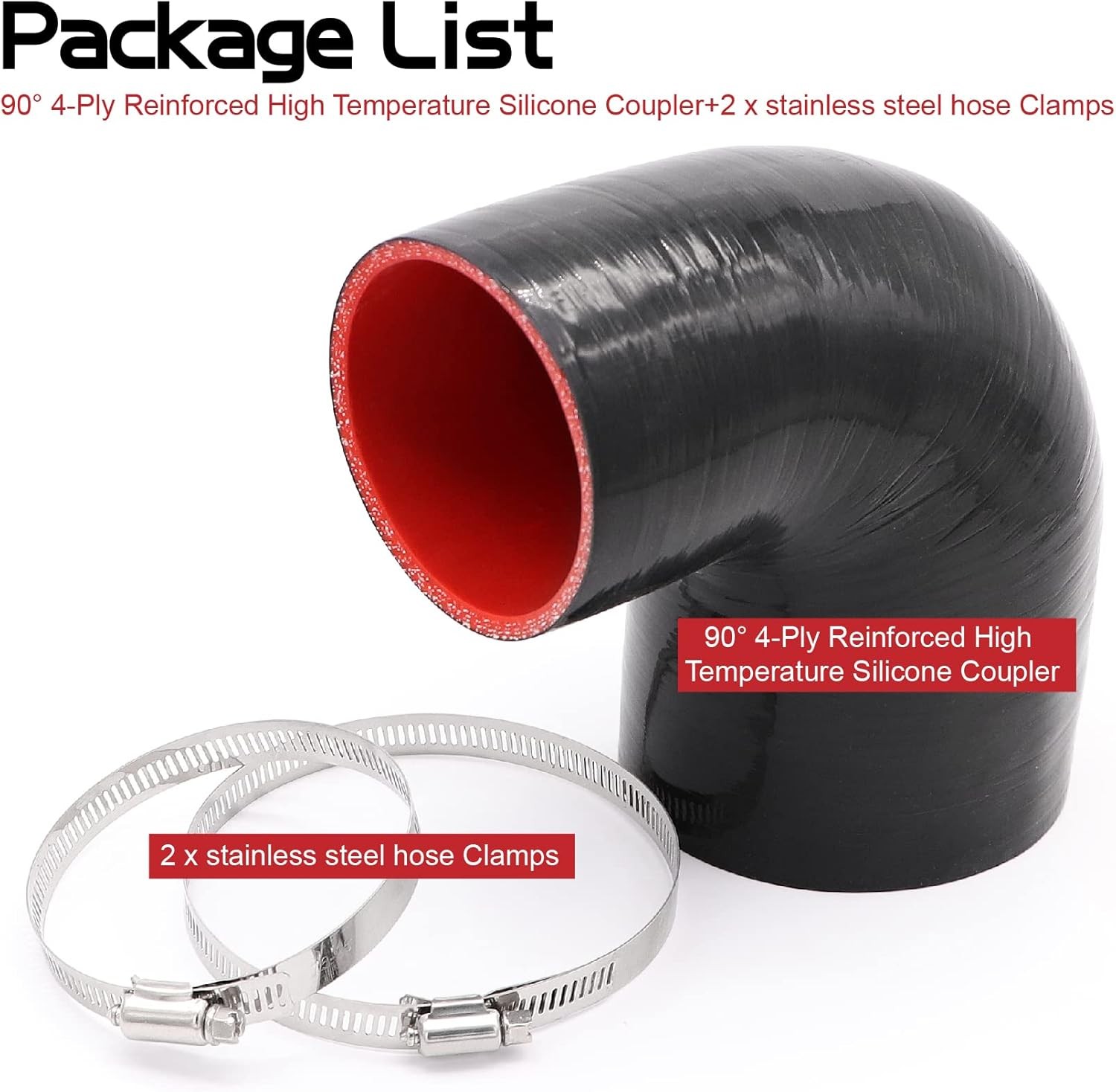 90 Degree ID 3Inch to 4Inch Elbow Coupler Silicone Hose 4-Ply with 2PCS Stainles