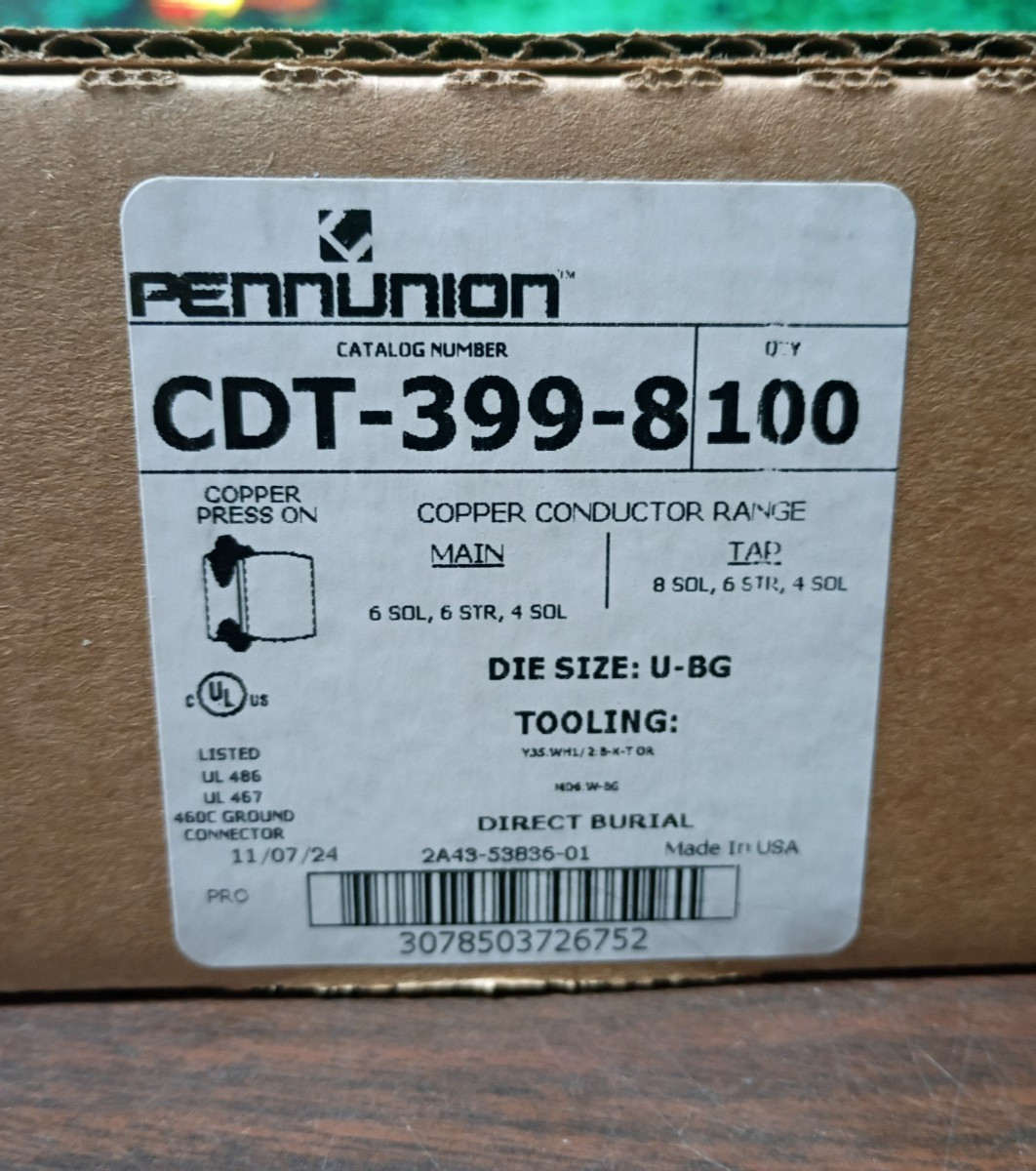 PENN-UNION CDT-399-8 H-TAP COPPER COMPRESSION TYPE DOUBLE TAP NEW BOX OF 100