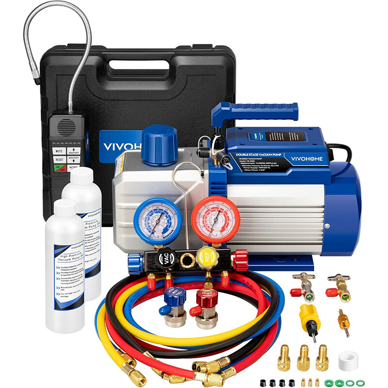 14.4CFM 1.5 HP 2 Stage HVAC Vacuum Pump & 4 Way AC Manifold Gauge Set 5ft Hoses