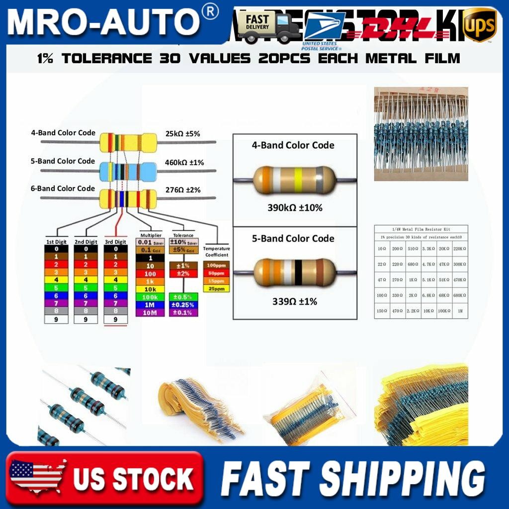 600pcs 30 Values 1/4W Metal Film Resistors Resistance Assortment Kit Set 1% USA