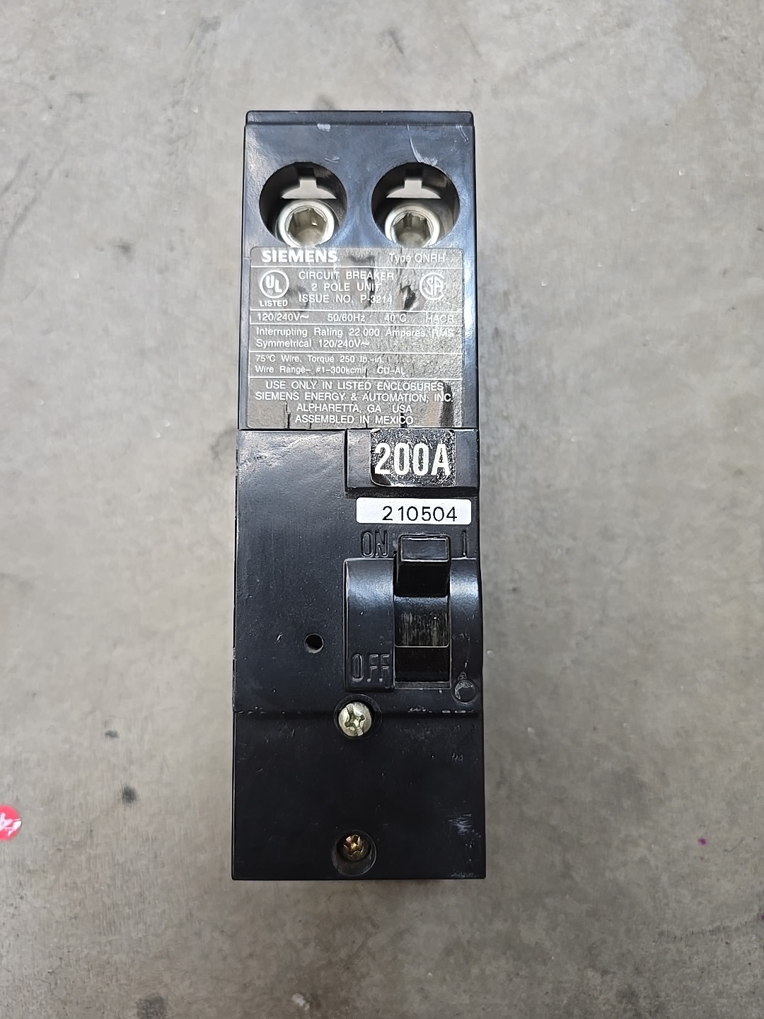Siemens QN2200RH Main Circuit Breaker 200A 120V 240V 2 Pole QNRH