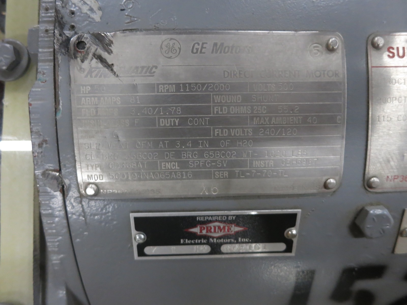 REBUILT GE 50 HP DC Motor CD368AT SPFG-SV 500V 1150/2000 RPM 500 VDC Kinamatic